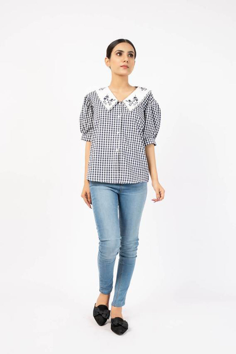 Peter Pan Collar Top W Short Sleeve - Blue White Gingham Check