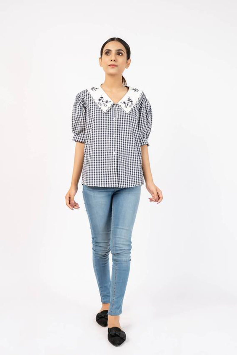 Peter Pan Collar Top W Short Sleeve - Blue White Gingham Check