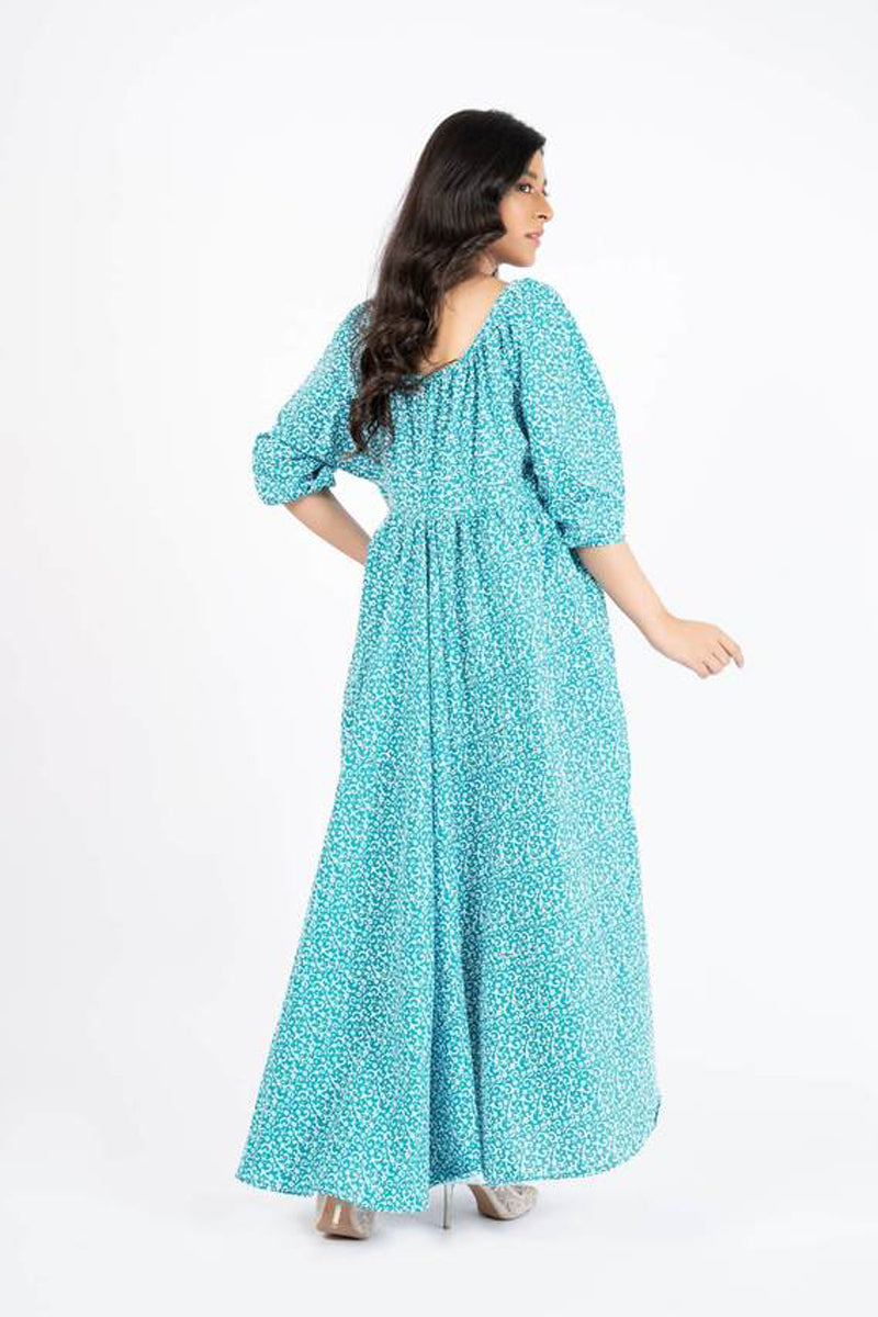 Puff Sleeve Pleated Maxi Dress - Green White Floral