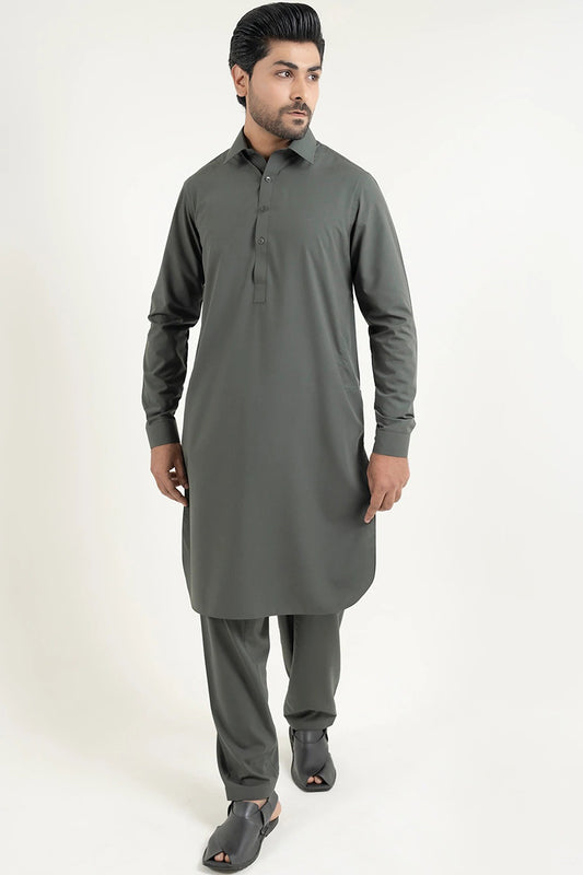 Shalwar Kameez, Fine Wash & Wear, Dark Green, Collar