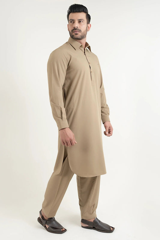 Shalwar Kameez, Fine Wash & Wear, Khaki Green, Collar