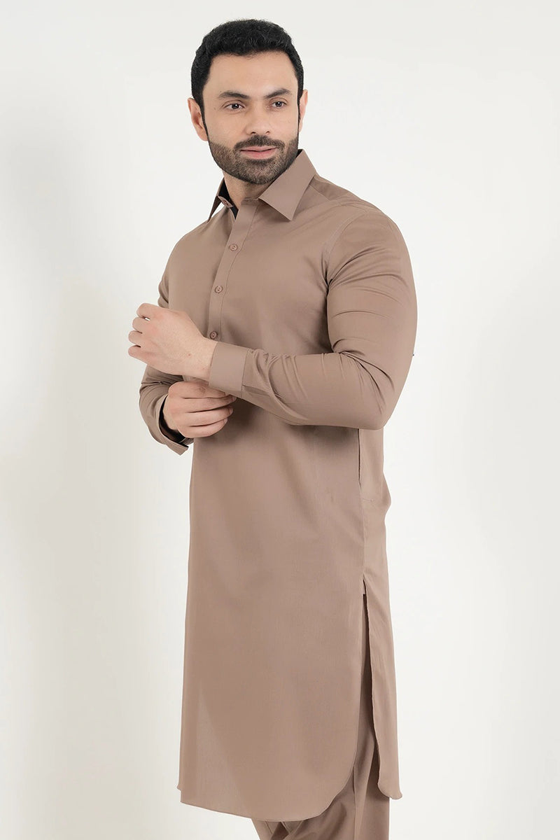 Shalwar Kameez, Premium 100% Egyptian Cotton, Brown, Collar