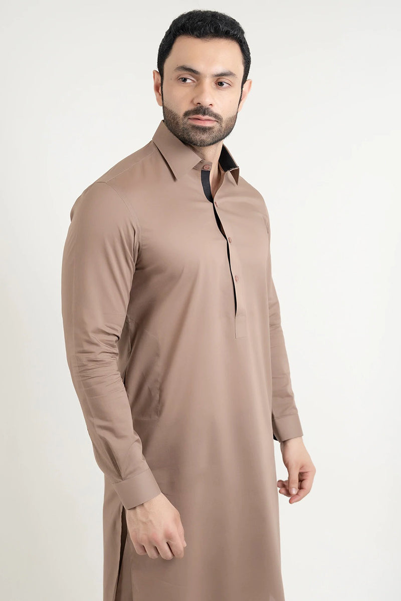 Shalwar Kameez, Premium 100% Egyptian Cotton, Brown, Collar