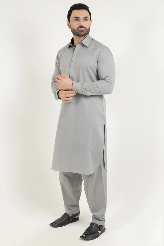 Shalwar Kameez, Premium 100% Egyptian Cotton, Grey, Collar