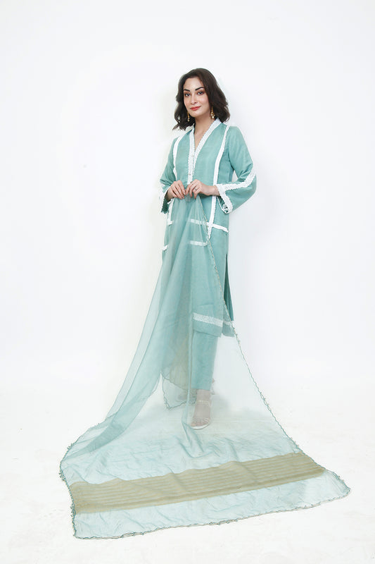 Pret Wear 3 Piece Solid Sea Green Raw Silk Suit