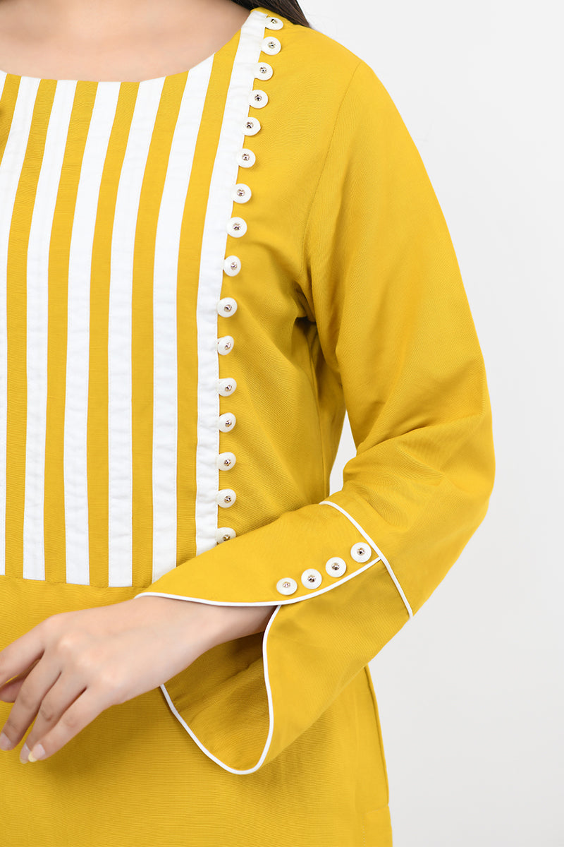 Pret Wear 2 Piece Embellished Slub Cotton Honey Yellow Dress