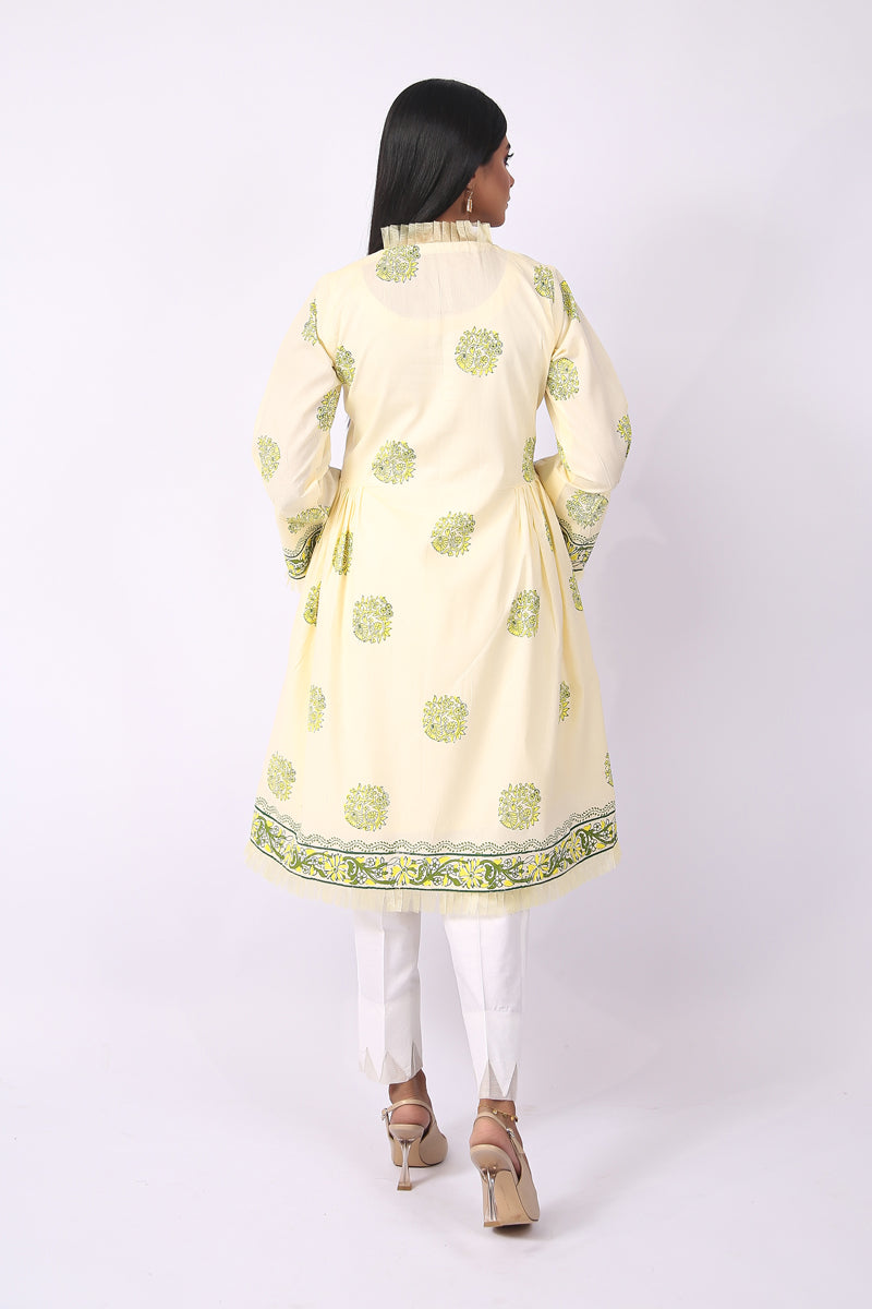 Unstitched 3 Piece Block Printed Cotton Lawn Lime Soft Lemon Yellow Suit