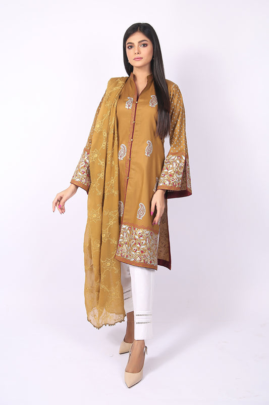 Unstitched 3 Piece Block Printed Cotton Lawn Yellowish Green Suit