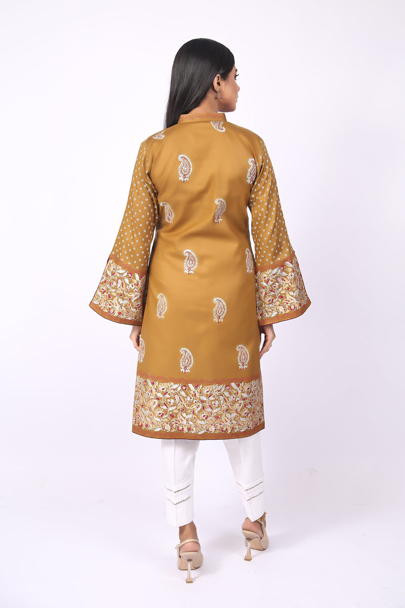 Unstitched 3 Piece Block Printed Cotton Lawn Yellowish Green Suit