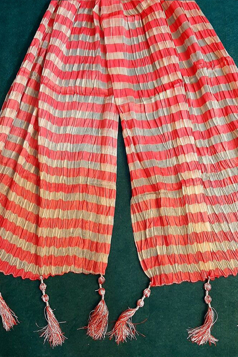 Striped Maisuri Dupatta With Tassels - Red - ZD752