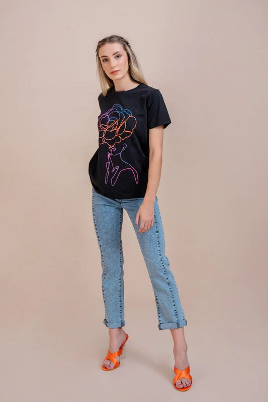 Black Abstract Face with Flowers T-Shirt