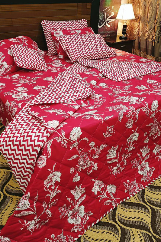 Home Comforter Complete Set Red Base With Flower Design