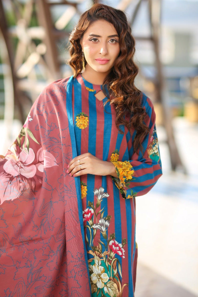 Brown And Navy Bold Lines Design 2 Pc Khaddar Suit