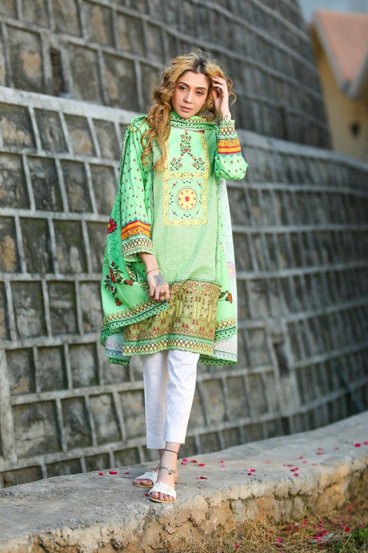 Parrot Green 3Pc Digital Print Khaddar Suit With Wite Trouser