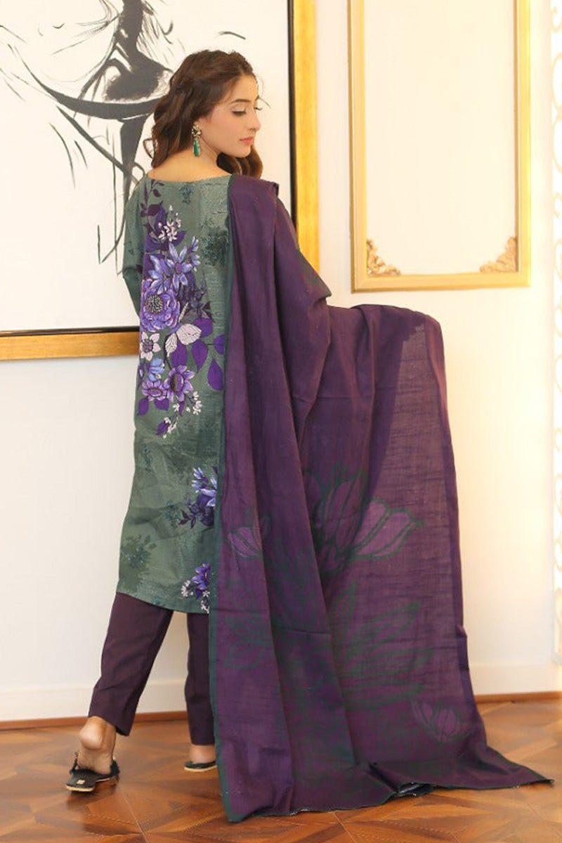 Dark Grey 2 Pc Khaddar Suit With Purple Colour Contrast