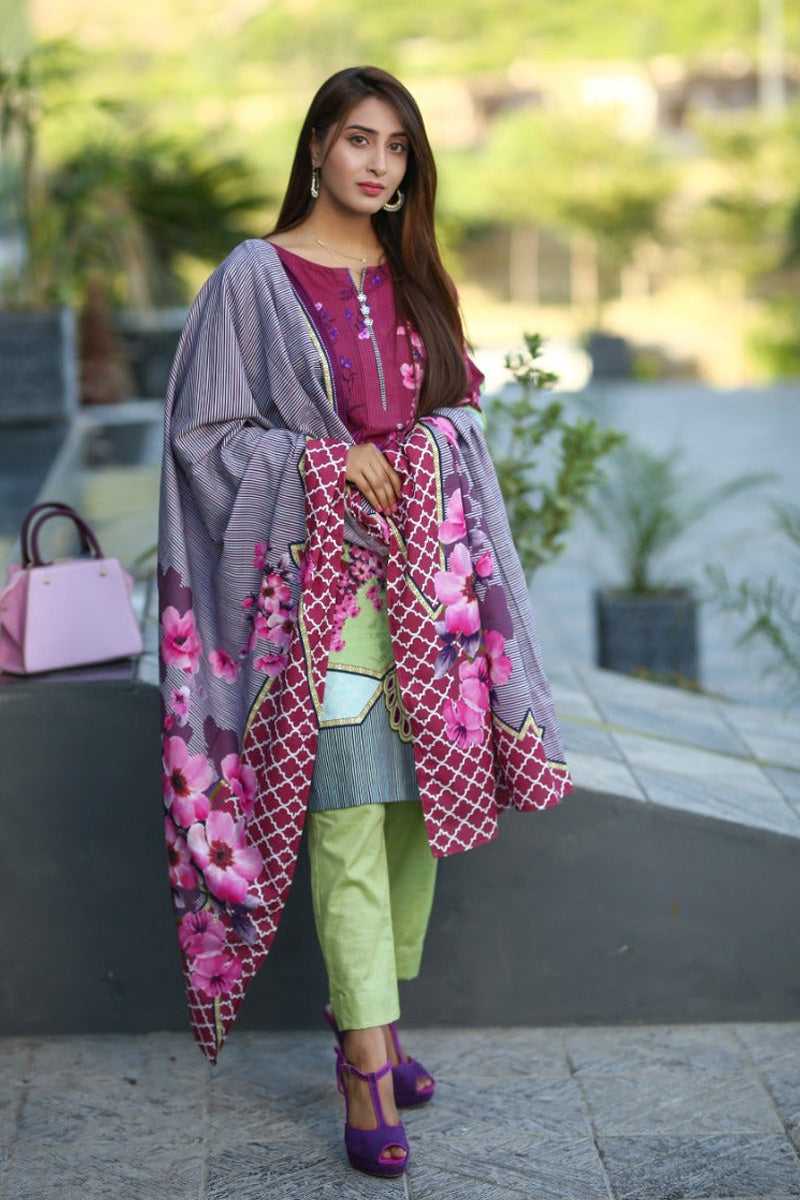 Parrot Green With Pink Flower 3 Pcs Khadder Suit