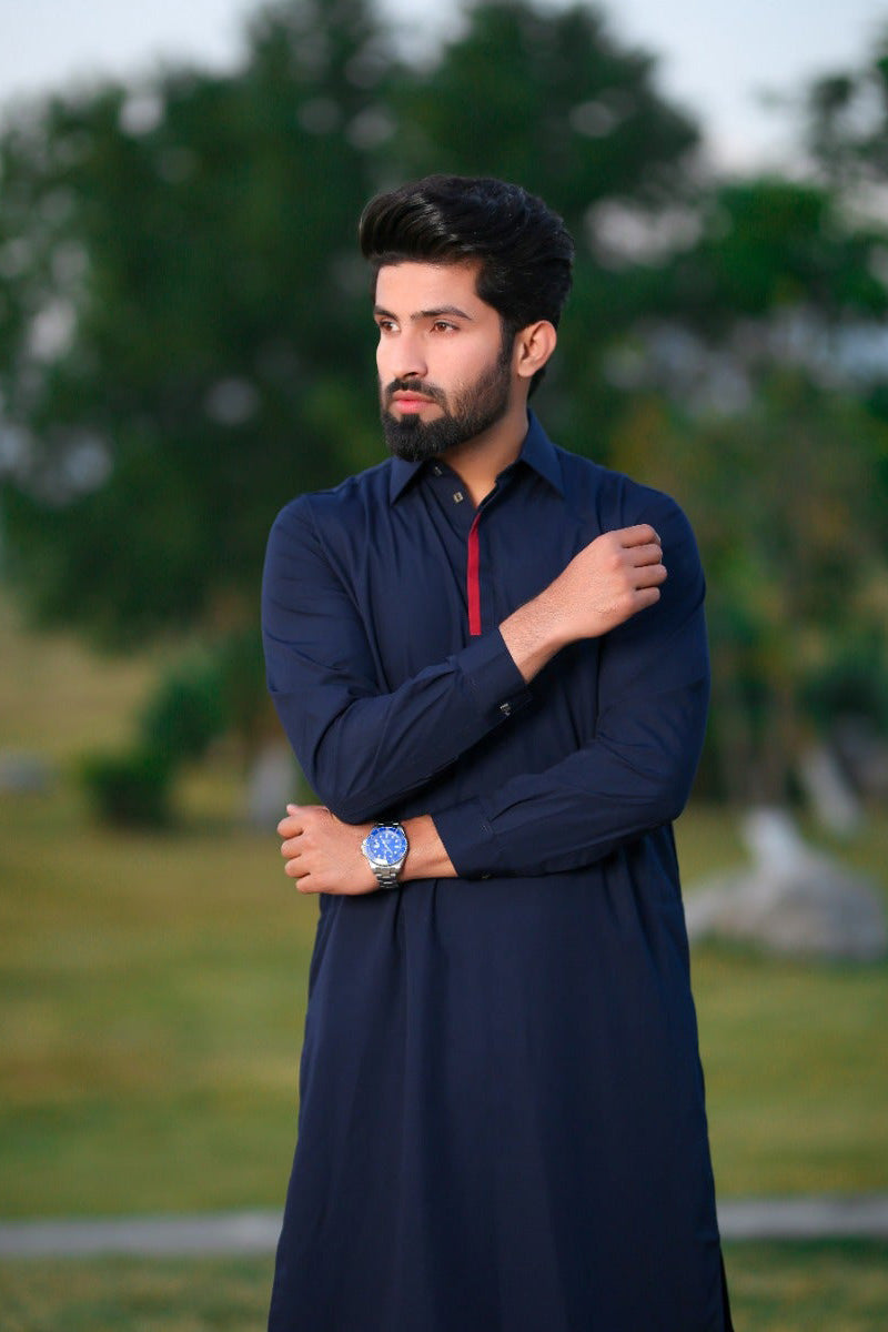 Shalwar Kameez N/Blue With Front Piping Red