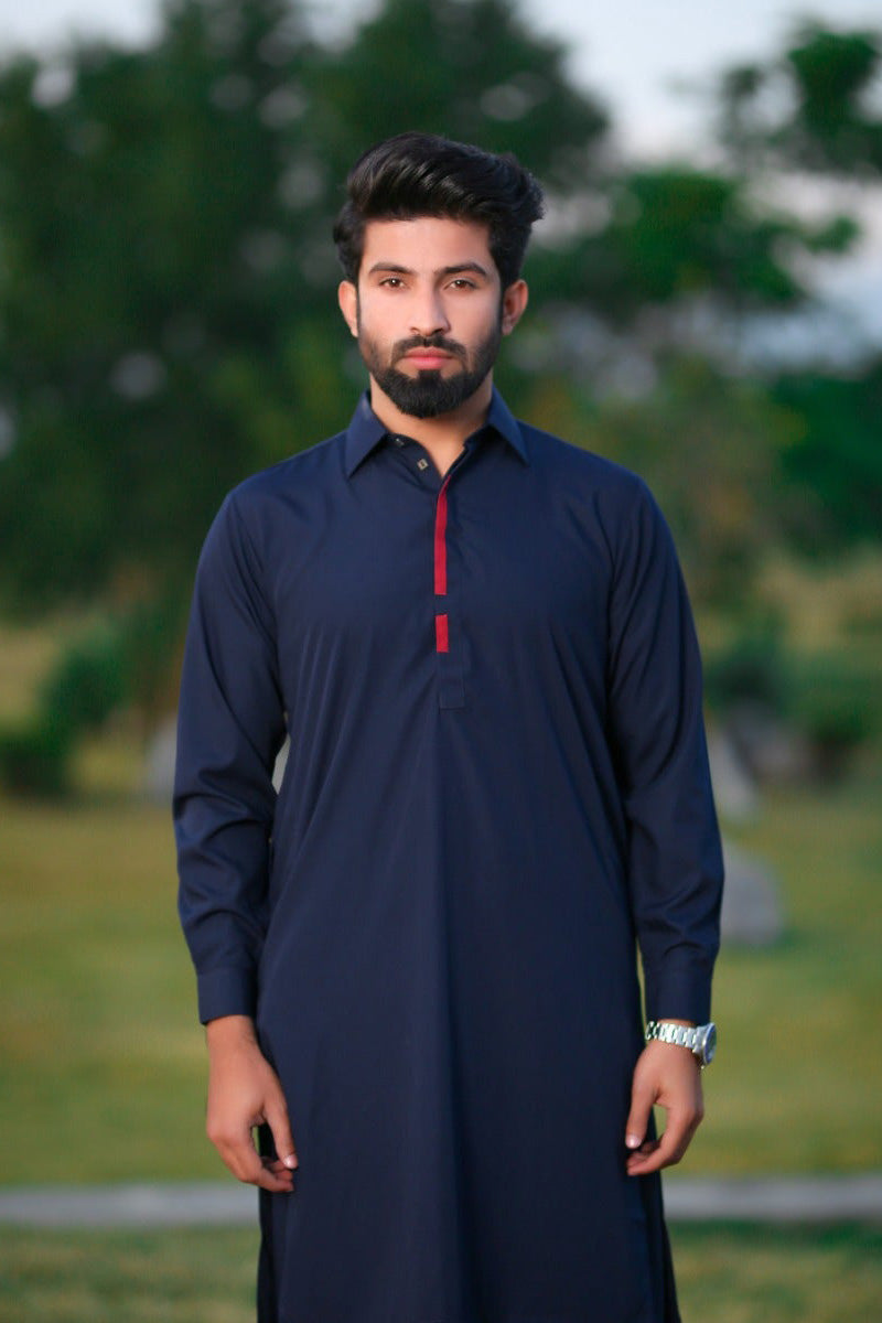 Shalwar Kameez N/Blue With Front Piping Red