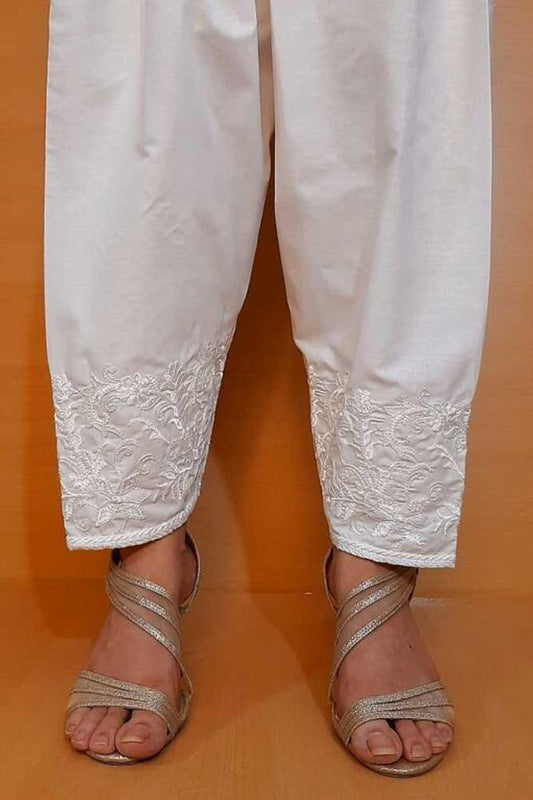Embroided Cotton Shalwar - White - ZSL10