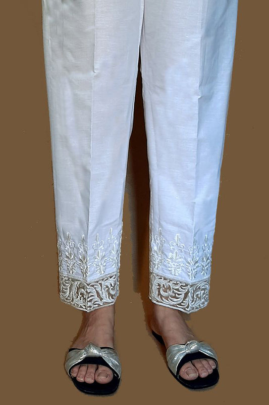 Embroided Cotton Trouser - White - ZT229
