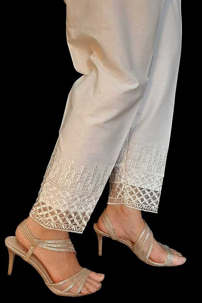 Embroided Cotton Trouser - White - ZT254
