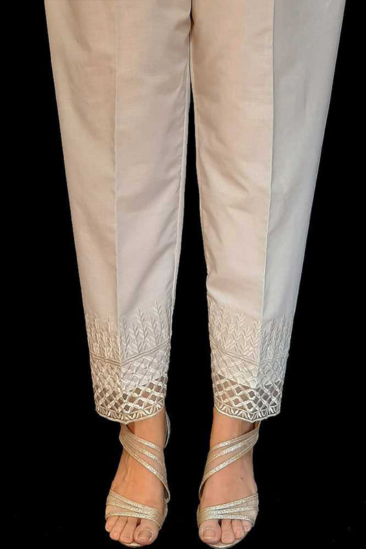 Embroided Cotton Trouser - White - ZT254