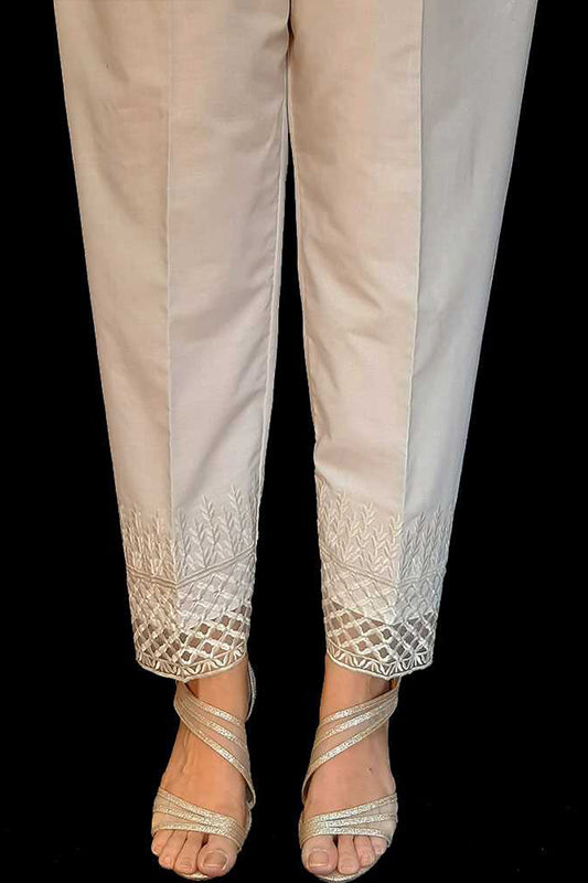 Embroided Cotton Trouser - Off-White - ZT254