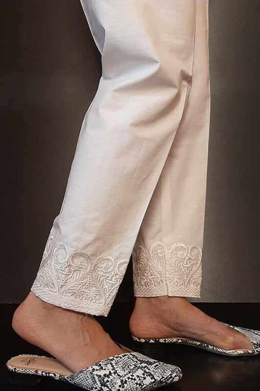 Embroided Cotton Trouser - White - ZT266