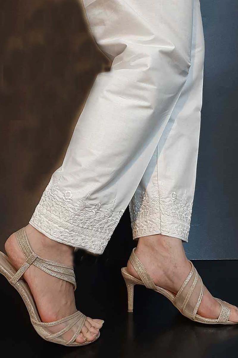 Embroided Cotton Trouser - White - ZT277