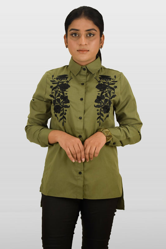 Khaki and Black Floral Embroidered Shirt
