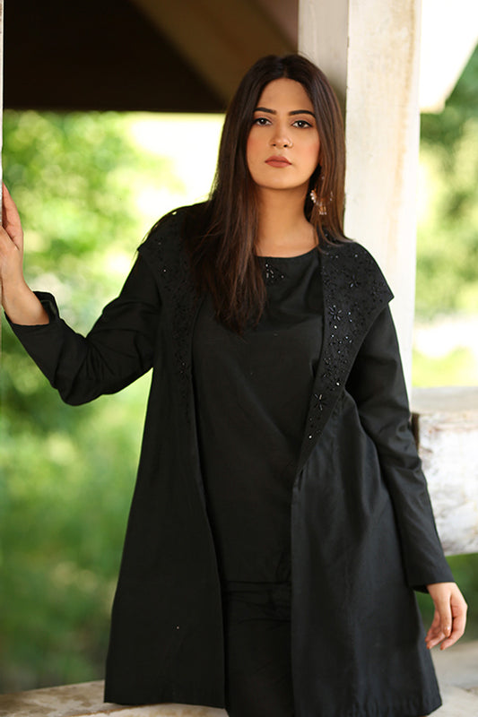 Black Western Coat Style With Self Embriodery Highlightes With Stones Raw Silk