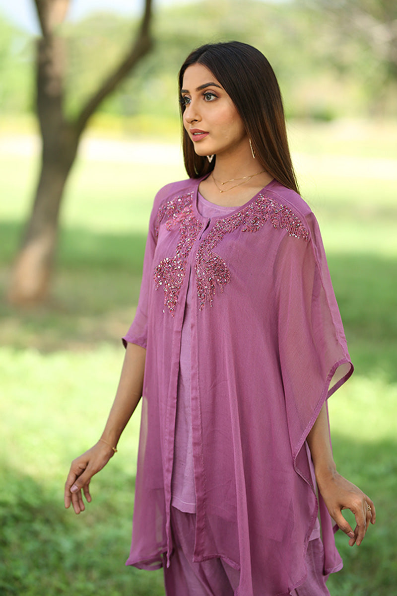 Plum Colour Cape With Inner And Shalwar Hand Made Zari Work