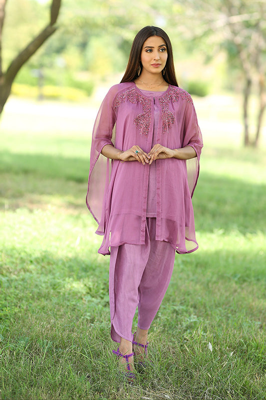 Plum Colour Cape With Inner And Shalwar Hand Made Zari Work