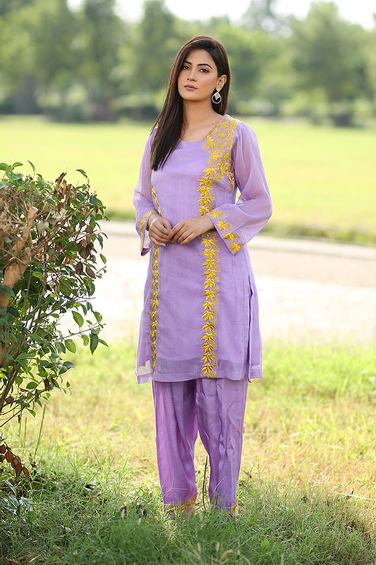 Cotton Net Lilac Colour With Manual Heavy Mustard Embriodery On Shirt Paired With Embrioded Shalwar