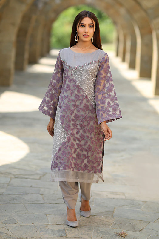 Self Embrioded Fabric Patches Kurta With Pearls Neck