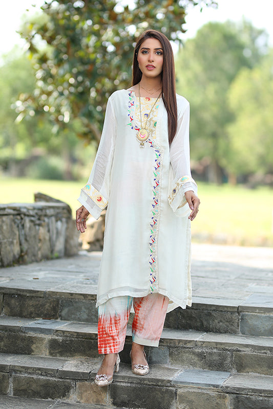 Beige Shirt Multi Colour Emb With Tie Dye Shalwar Traditional Dress