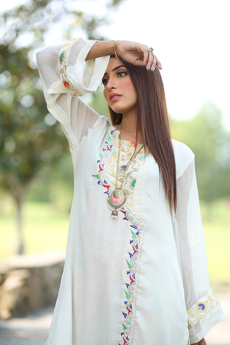 Beige Shirt Multi Colour Emb With Tie Dye Shalwar Traditional Dress