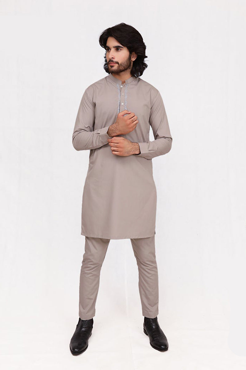 Silver Grey Trouser Kurta Embroidery Front