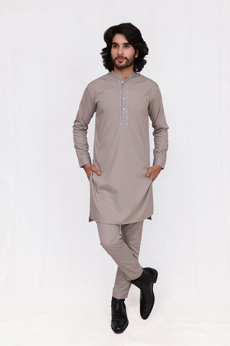 Silver Grey Trouser Kurta Embroidery Front