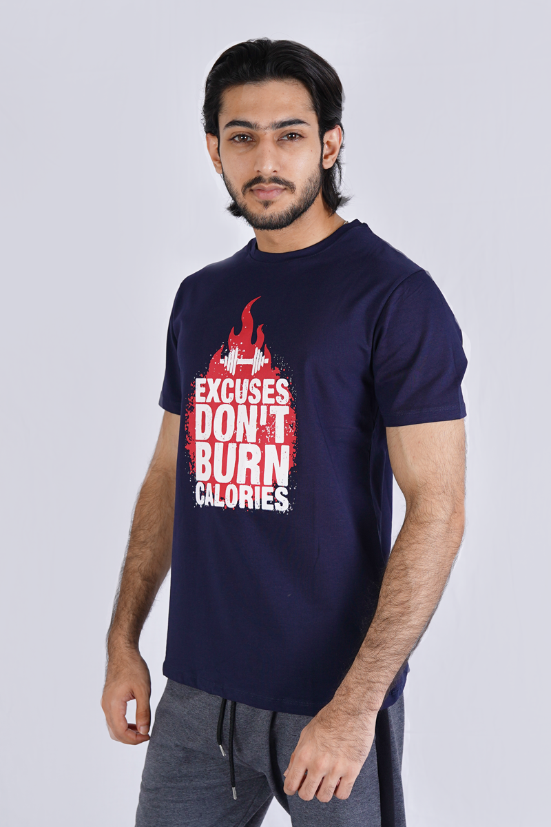 Navy Premium Printed T-Shirt Excuses Dnt Burn Calories