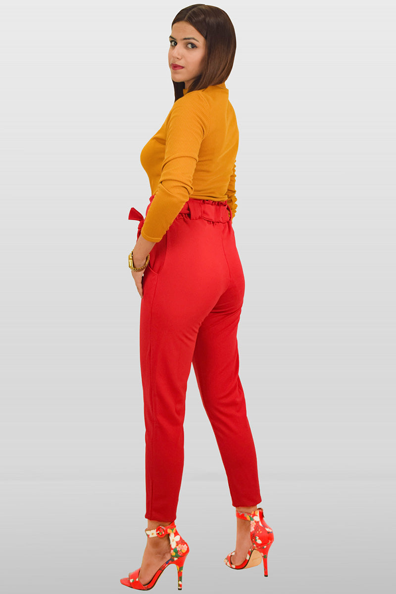 Red Crepe Paper Bag High Waist Trousers