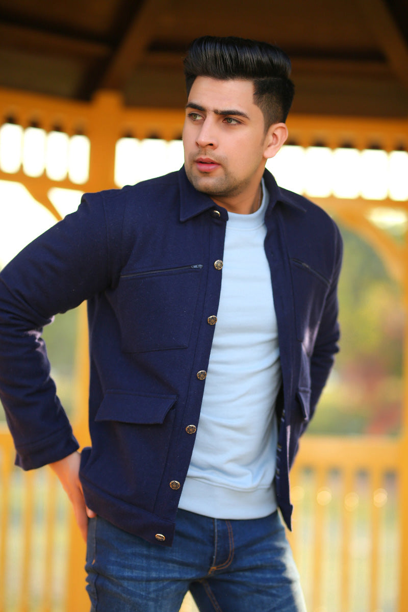 Mens Jacket Navy Blue With Frint Button In Pocket Style Flece