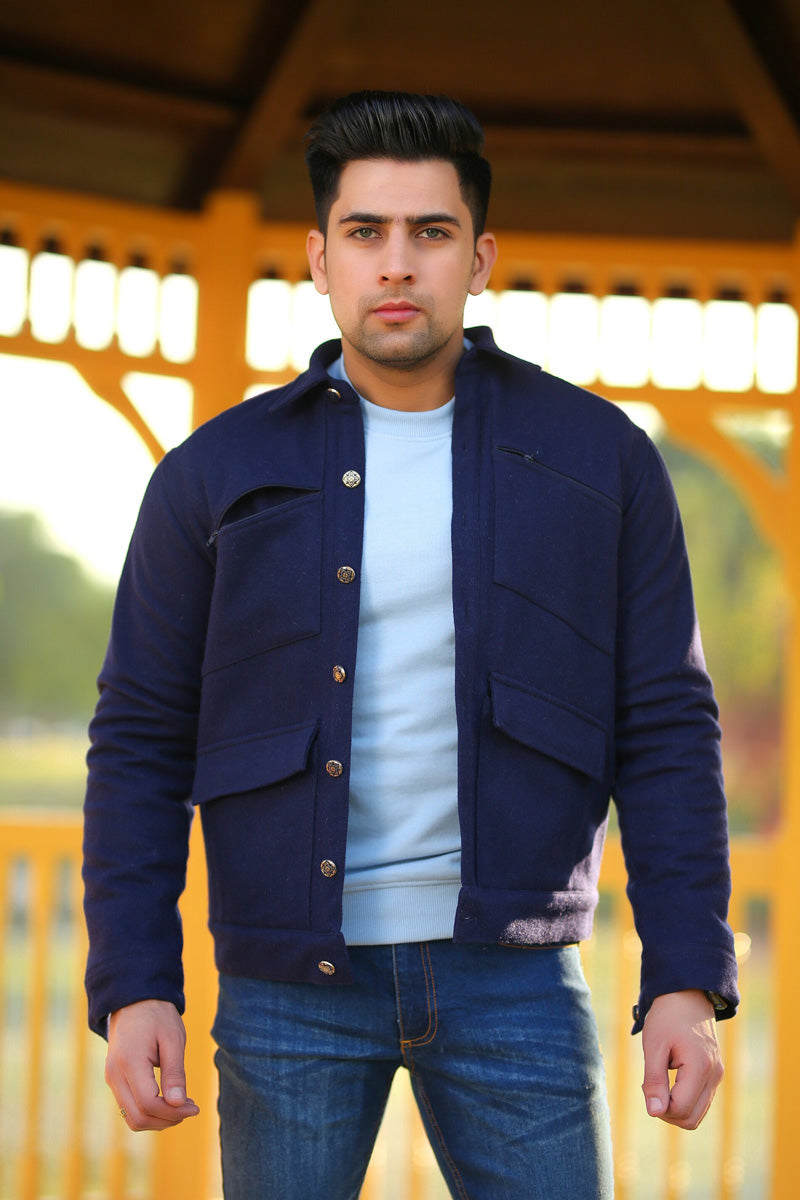 Mens Jacket Navy Blue With Frint Button In Pocket Style Flece