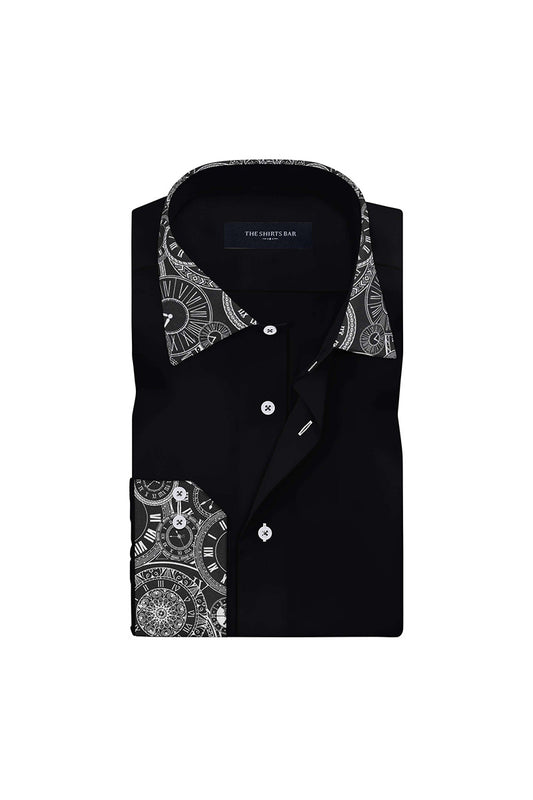 Men's Black Plain with Clock Paslay Collar Cuff Regular Fit Formal Shirt