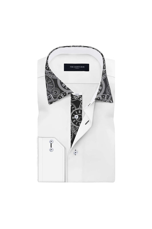 Men's White Plain with Clock Paslay Collar Regular Fit Formal Shirt
