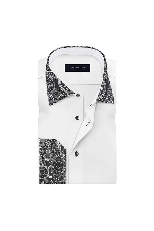 Men's White Plain with Clock Paslay Collar Cuff Regular Fit Formal Shirt