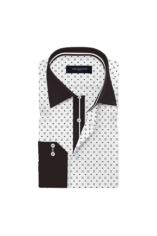 Men's White Polka Dot Print with Black Cuff Collar Regular Fit Formal Shirt