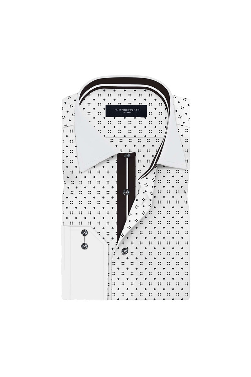 Men's White Polka Dot Print with White Cuff Collar Regular Fit Formal Shirt