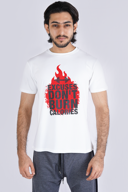 White Premium Printed T-Shirt Excuses Dnt Burn Calories