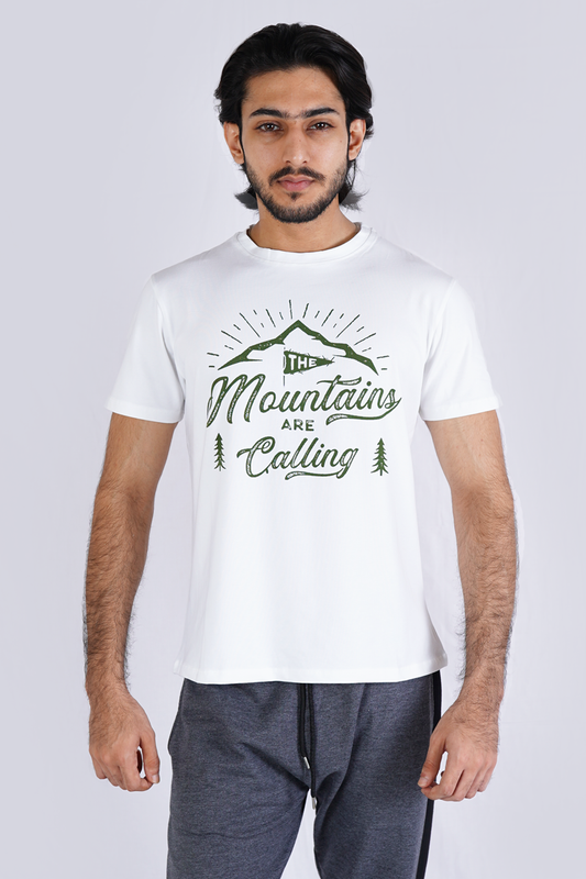 White Premium Printed T-Shirt Mountains are Calling W-CNT-011